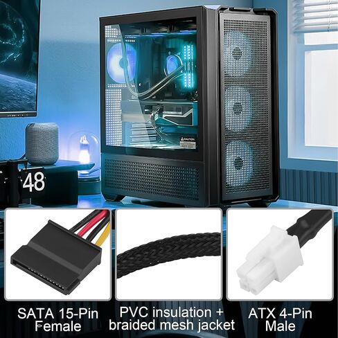 ATX 4 Pin to SATA Power Adapter Cable for Q77 Q75 E450 E350 D510 Motherboard, 18AWG Braided Sleeves, Compatible with HDD SSD Liquid CPU Cooler 33cm/12-in in Saudi Arabia