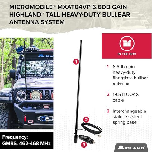 Midland - MXAT04VP-6.6dB Heavy-Duty Bull Bar Antenna with Spring Base Micromobile - 47.5" with 462-468 MHz Frequency - Long Range GMRS Communication - Overlanding Off-Roading - (Bundle) in Saudi Arabia