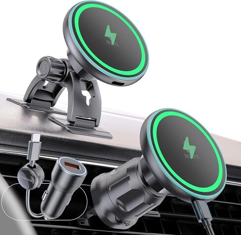 شاحن سيارة MOKPR لهاتف iPhone Magsafe، شاحن سيارة لاسلكي، حامل هاتف سيارة مغناطيسي لجهاز Dash Air Vent-LED RGB بدون استخدام اليدين، شاحن سيارة سريع لسلسلة iPhone 17/16/15/14/13/12 in Kuwait