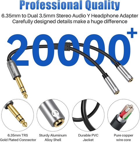 6.35mm to Double 3.5mm Headphone Y Adapter,6.35mm 1/4 Inch TRS Male to Dual 3.5mm 1/8 Inch TRS Female Stereo Audio Y Splitter Cable for Headphones, Guitar, Speakers, Amplifiers, Mixers-1Feet/12 Inch in Saudi Arabia