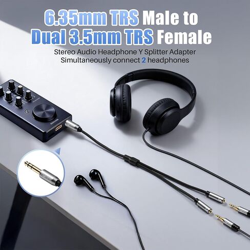6.35mm to Double 3.5mm Headphone Y Adapter,6.35mm 1/4 Inch TRS Male to Dual 3.5mm 1/8 Inch TRS Female Stereo Audio Y Splitter Cable for Headphones, Guitar, Speakers, Amplifiers, Mixers-1Feet/12 Inch in Saudi Arabia