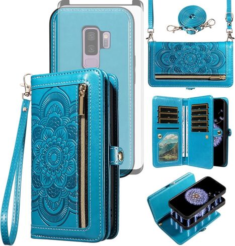 حافظة هاتف Asuwish لهاتف Samsung Galaxy S9 Plus مزودة بسحاب ومحفظة مغناطيسية قابلة للفصل مع واقي شاشة من الزجاج المقسى وحزام كروس حامل بطاقة زهرة S9+ 9S 9+ S 9 9plus S9plus نسائي رمادي in Kuwait