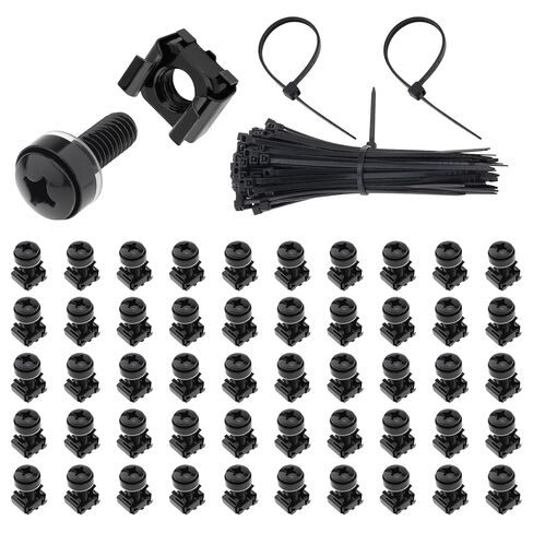 50 Sets M6 x 20mm Rack Mount Screws Kit with Cage Nuts, Washers & 100 Self-Locking Cable Ties for Server Cabinets, Shelves, Routers | Galvanized Carbon Steel in Kuwait