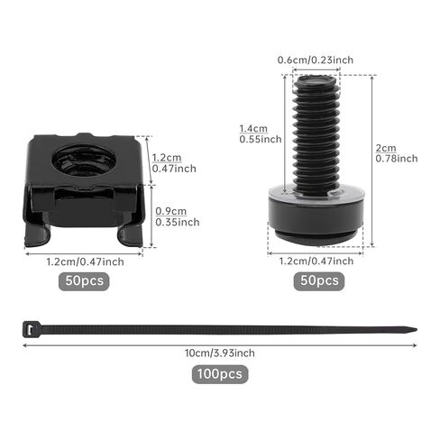 50 Sets M6 x 20mm Rack Mount Screws Kit with Cage Nuts, Washers & 100 Self-Locking Cable Ties for Server Cabinets, Shelves, Routers | Galvanized Carbon Steel in Kuwait