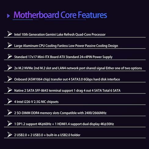 اللوحة الأم StoneStorm 6-Bay NAS Mini-ITX، 4 منافذ i226-v 2.5 جيجابت، سيليرون J4125 رباعي النواة 4 خيوط، حتى 2.7 جيجا هرتز، 2 DDR4، 2 M.2 NVMex1 2280، 2 SATA3.0، SFF-8643(4 SATA3.0 6 جيجابت/ثانية)، شاشة مزدوجة 4K in Kuwait