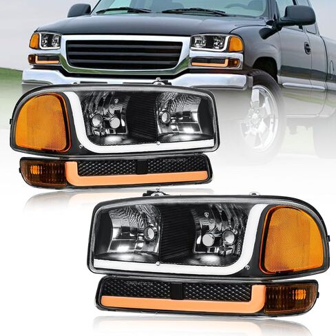 مجموعة مصابيح أمامية LED DRL لسيارة جي إم سي سييرا 99-07/يوكون XL 1500 2500 00-06 استبدال غطاء أسود عاكس واضح in Kuwait