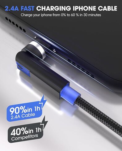 90 Degree iPhone Charger Swivel Cable with 360° Rotating Head - 6.6FT Right Angle Lightning Cable 360° Swivel Charger with MFi, 2.4A Fast Charging, Data Sync, Apple Carplay for iPhone14 13 12 11 X 8 in Kuwait