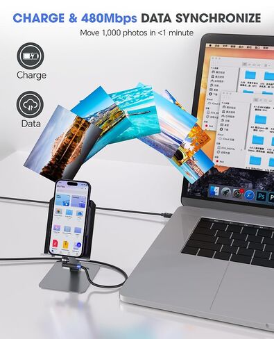 90 Degree iPhone Charger Swivel Cable with 360° Rotating Head - 6.6FT Right Angle Lightning Cable 360° Swivel Charger with MFi, 2.4A Fast Charging, Data Sync, Apple Carplay for iPhone14 13 12 11 X 8 in Kuwait