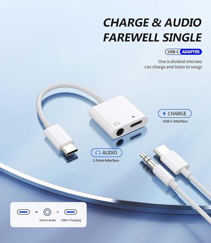 محول مقبس USB-C إلى 3.5 ملم لهاتف iPhone 15 (2in1) Aux Dongle Type C موزع شاحن سماعة الرأس متوافق مع Samsung Galaxy لـ Apple 15 Pro Max Plus لجهاز iPad 10、Air4/5、Mini6、12.9 Audio in Saudi Arabia