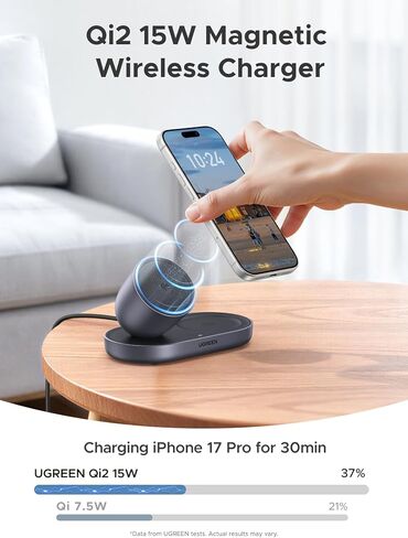 شاحن لاسلكي UGREEN Qi2 بقدرة 15 وات 2 في 1، حامل شحن سريع متوافق مع MagSafe لهواتف iPhone 17 16 15 14 13 12 وسلسلة AirPods، زاوية عرض ثابتة، محطة شحن سطح المكتب المدمجة in Kuwait