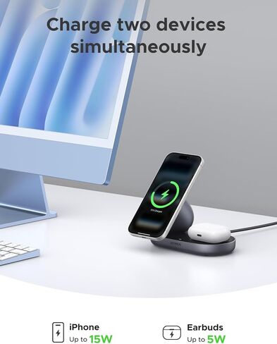 شاحن لاسلكي UGREEN Qi2 بقدرة 15 وات 2 في 1، حامل شحن سريع متوافق مع MagSafe لهواتف iPhone 17 16 15 14 13 12 وسلسلة AirPods، زاوية عرض ثابتة، محطة شحن سطح المكتب المدمجة in Kuwait
