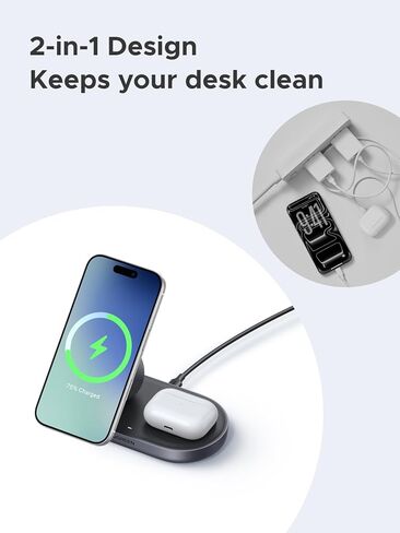 شاحن لاسلكي UGREEN Qi2 بقدرة 15 وات 2 في 1، حامل شحن سريع متوافق مع MagSafe لهواتف iPhone 17 16 15 14 13 12 وسلسلة AirPods، زاوية عرض ثابتة، محطة شحن سطح المكتب المدمجة in Kuwait