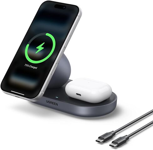 شاحن لاسلكي UGREEN Qi2 بقدرة 15 وات 2 في 1، حامل شحن سريع متوافق مع MagSafe لهواتف iPhone 17 16 15 14 13 12 وسلسلة AirPods، زاوية عرض ثابتة، محطة شحن سطح المكتب المدمجة in Kuwait