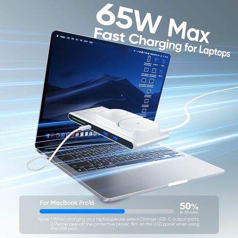 محطة شحن لاسلكية 7 في 1 لأجهزة Apple، شاحن لاسلكي مغناطيسي ACOZVIN و4 منافذ USB (PD65W USB-C)، قابس مسطح بسلك بطول 5 أقدام، حامل شاحن قابل للطي لأجهزة MacBook وiPhone 16/15/14 وiWatch وAirPods in Saudi Arabia