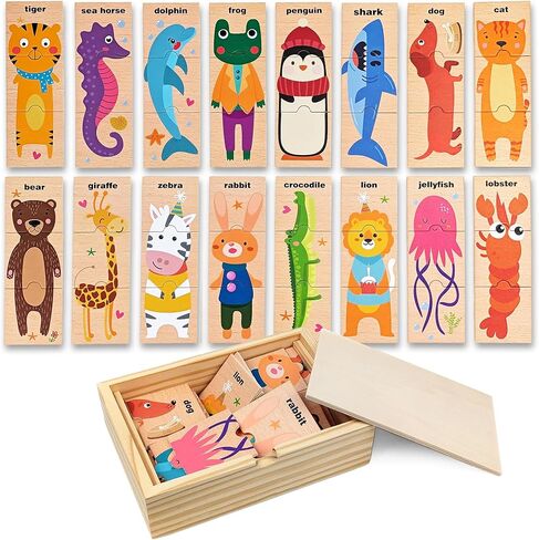 Montessori Wooden Puzzle Game for Toddlers & Kids Ages 3+, 16 Animals in 3-Piece Matching Puzzles, Educational Learning Toy, Wooden Storage Box Included in Saudi Arabia