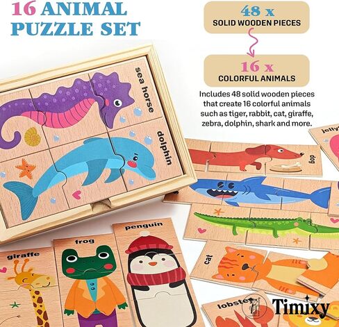 Montessori Wooden Puzzle Game for Toddlers & Kids Ages 3+, 16 Animals in 3-Piece Matching Puzzles, Educational Learning Toy, Wooden Storage Box Included in Saudi Arabia
