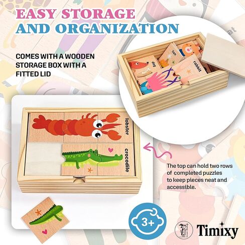 Montessori Wooden Puzzle Game for Toddlers & Kids Ages 3+, 16 Animals in 3-Piece Matching Puzzles, Educational Learning Toy, Wooden Storage Box Included in Saudi Arabia