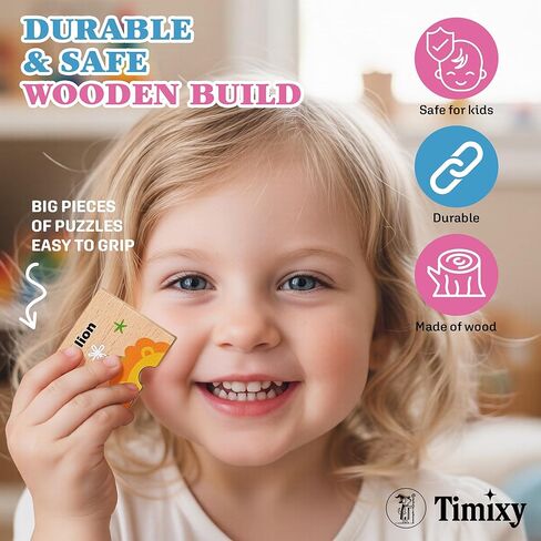 Montessori Wooden Puzzle Game for Toddlers & Kids Ages 3+, 16 Animals in 3-Piece Matching Puzzles, Educational Learning Toy, Wooden Storage Box Included in Saudi Arabia