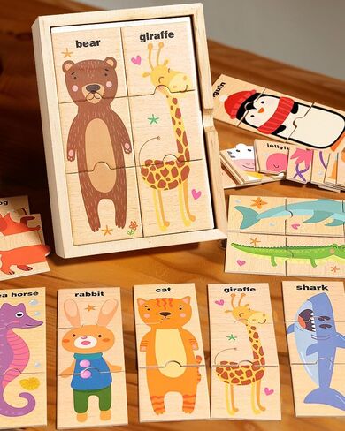 Montessori Wooden Puzzle Game for Toddlers & Kids Ages 3+, 16 Animals in 3-Piece Matching Puzzles, Educational Learning Toy, Wooden Storage Box Included in Saudi Arabia