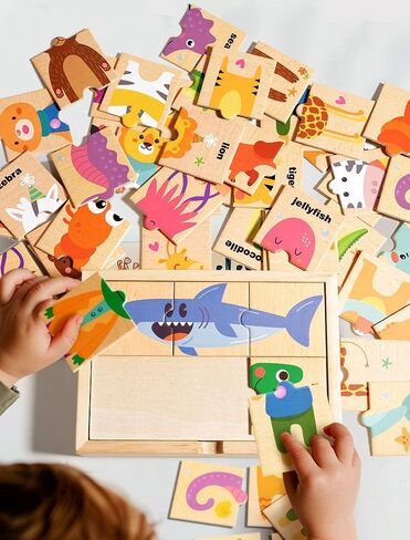 Montessori Wooden Puzzle Game for Toddlers & Kids Ages 3+, 16 Animals in 3-Piece Matching Puzzles, Educational Learning Toy, Wooden Storage Box Included in Saudi Arabia