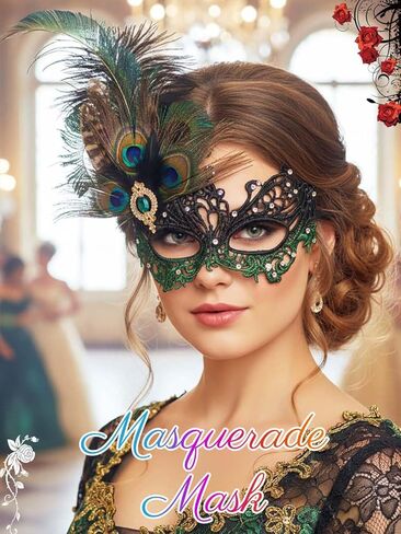 Campsis Rhinestone Masquerade Mask, Green Masquerade Ball Mask, Feather Party Masks for Women in Saudi Arabia