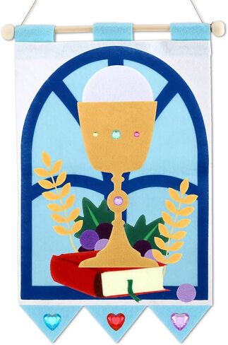 Wettarn First Communion Banner Kit for Boys Girls 9 x 14 DIY First Holy Communion Felt Banner Catholic Crosses Chalices Craft Pack Church Sunday School Crafts for Kids Baptism Party Decoration in Saudi Arabia