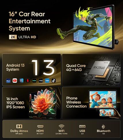 16" Car TV Headrest Monitor for Cars Back seat Universal Rear Entertainment System, Support Phone Wireless Mirror Link Touch Screen 4K,with WiFi/Bluetooth/HDMI/USB/Video Player (4G+64G(2*PCs)) in Saudi Arabia