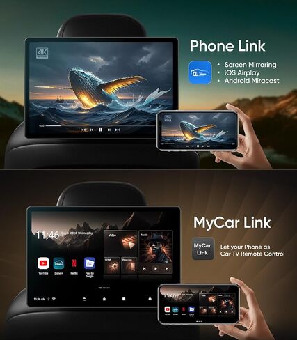 16" Car TV Headrest Monitor for Cars Back seat Universal Rear Entertainment System, Support Phone Wireless Mirror Link Touch Screen 4K,with WiFi/Bluetooth/HDMI/USB/Video Player (4G+64G(2*PCs)) in Saudi Arabia