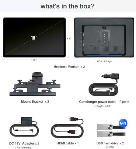 16" Car TV Headrest Monitor for Cars Back seat Universal Rear Entertainment System, Support Phone Wireless Mirror Link Touch Screen 4K,with WiFi/Bluetooth/HDMI/USB/Video Player (4G+64G(2*PCs)) in Saudi Arabia