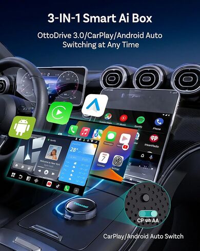 Ottocast P3 Pro OttoAibox Smart AI Car Box مع مساعد صوتي، CarPlay اللاسلكي وAndroid Auto، مخرج HDMI، 5G WiFi Bluetooth 6، Cloud SIM، شاشة مقسمة، نظام Android 13 in Saudi Arabia