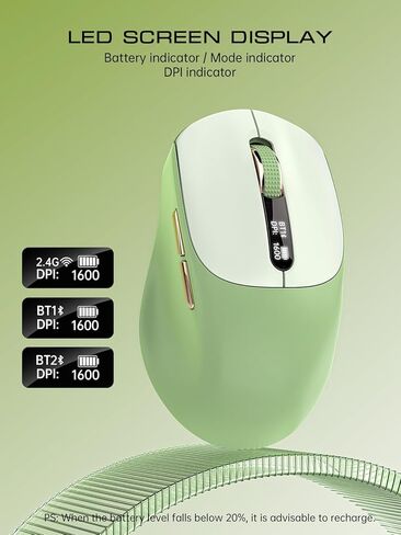 ماوس بلوتوث لاسلكي، بلوتوث 5.0/4.0 و2.4 جيجا ثلاثي الوضع، نوع C قابل لإعادة الشحن مع شاشة LED، نقرة صامتة مريحة للكمبيوتر المحمول/الكمبيوتر الشخصي/الكمبيوتر اللوحي، الأجهزة المتعددة والاستخدام المكتبي in Kuwait