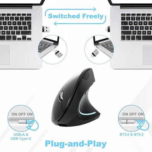 ماوس بلوتوث، نوع c وUSB 2.4G ماوس عمودي لاسلكي قابل لإعادة الشحن، ماوس مريح، 800/1200 /1600 نقطة في البوصة، أزرار للكمبيوتر المحمول، سطح المكتب، الكمبيوتر الشخصي، ماك بوك، كمبيوتر ماك (أسود) in Kuwait