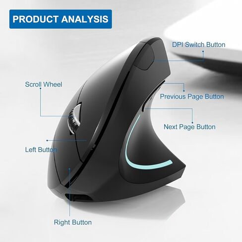 ماوس بلوتوث، نوع c وUSB 2.4G ماوس عمودي لاسلكي قابل لإعادة الشحن، ماوس مريح، 800/1200 /1600 نقطة في البوصة، أزرار للكمبيوتر المحمول، سطح المكتب، الكمبيوتر الشخصي، ماك بوك، كمبيوتر ماك (أسود) in Kuwait