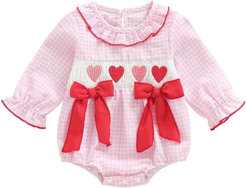 Baby Girl Valentines Outfit Heart Smocked Bubble Romper Onesie Newborn Infant Cute Valentines Spring Clothes in Kuwait