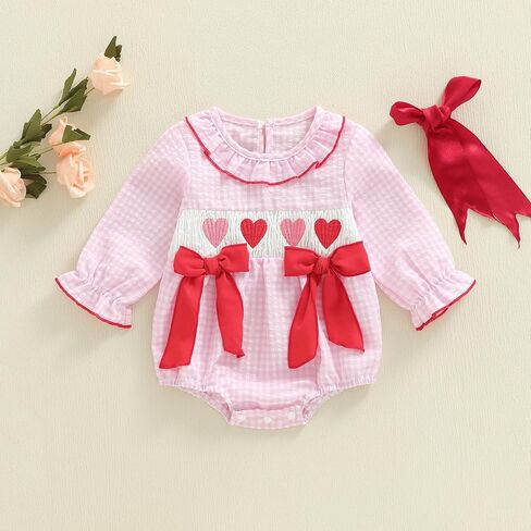 Baby Girl Valentines Outfit Heart Smocked Bubble Romper Onesie Newborn Infant Cute Valentines Spring Clothes in Kuwait
