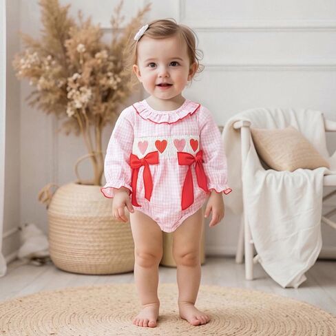 Baby Girl Valentines Outfit Heart Smocked Bubble Romper Onesie Newborn Infant Cute Valentines Spring Clothes in Kuwait
