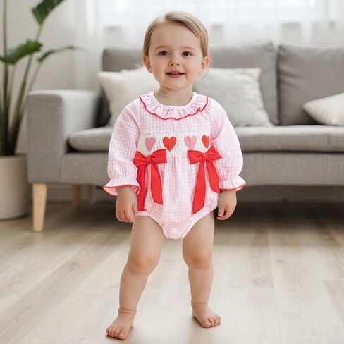 Baby Girl Valentines Outfit Heart Smocked Bubble Romper Onesie Newborn Infant Cute Valentines Spring Clothes in Kuwait