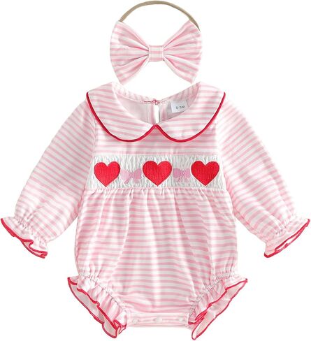 Baby Girl Valentines Outfit Heart Smocked Bubble Romper Onesie Newborn Infant Cute Valentines Spring Clothes in Kuwait