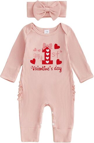 My First Valentines Day Baby Girl Outfit Letter Heart Ribbed Long Sleeve Romper Jumpsuit Infant Spring Clothes Headband in Saudi Arabia