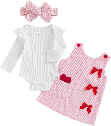 Yuemengxuan Baby Girl Valentines Outfit Ruffle Long Sleeve Romper Corduroy Overall Dress Headband Set Spring Clothes in Kuwait