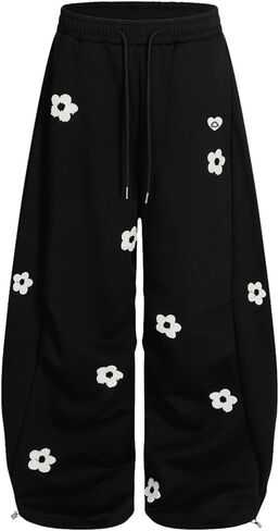 Aelfric Eden Baggy Wide Leg Sweatpants Flower Embroidery Casual Y2K Elastic Drawstring Lantern Barrel Lounge Trouser Pants in Saudi Arabia
