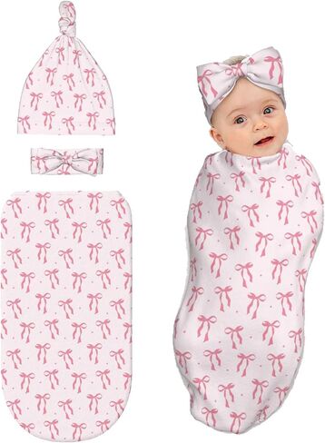 بطانية قماط للأطفال من Pink Bow للفتيات، هدية استحمام ناعمة لحديثي الولادة مع قبعة ومجموعة فيونكة in Kuwait