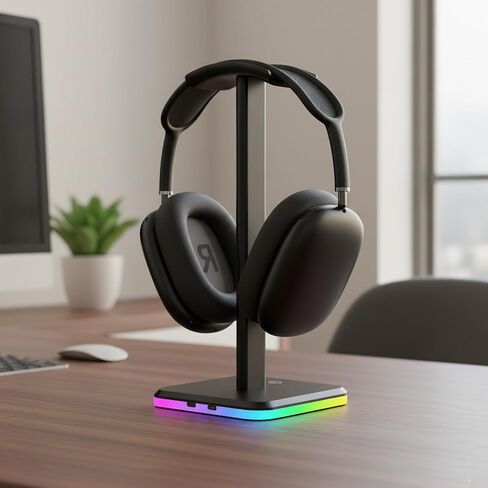 حامل سماعة رأس من الألومنيوم RGB مع تحكم باللمس، منافذ شحن USB-C مزدوجة، 3 أوضاع إضاءة RGB ديناميكية، تأثيرات تنفس 7 ألوان، إصدار شريط معدني إضافي (أسود) in Saudi Arabia