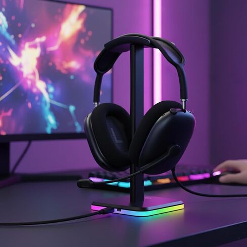 حامل سماعة رأس من الألومنيوم RGB مع تحكم باللمس، منافذ شحن USB-C مزدوجة، 3 أوضاع إضاءة RGB ديناميكية، تأثيرات تنفس 7 ألوان، إصدار شريط معدني إضافي (أسود) in Saudi Arabia