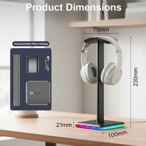 حامل سماعة رأس من الألومنيوم RGB مع تحكم باللمس، منافذ شحن USB-C مزدوجة، 3 أوضاع إضاءة RGB ديناميكية، تأثيرات تنفس 7 ألوان، إصدار شريط معدني إضافي (أسود) in Saudi Arabia