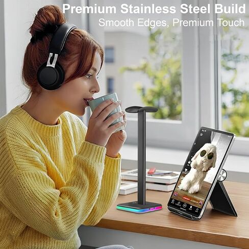 حامل سماعة رأس من الألومنيوم RGB مع تحكم باللمس، منافذ شحن USB-C مزدوجة، 3 أوضاع إضاءة RGB ديناميكية، تأثيرات تنفس 7 ألوان، إصدار شريط معدني إضافي (أسود) in Saudi Arabia