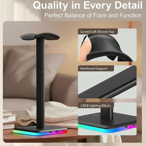حامل سماعة رأس من الألومنيوم RGB مع تحكم باللمس، منافذ شحن USB-C مزدوجة، 3 أوضاع إضاءة RGB ديناميكية، تأثيرات تنفس 7 ألوان، إصدار شريط معدني إضافي (أسود) in Saudi Arabia
