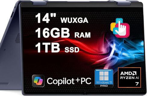 كمبيوتر محمول Dell Inspiron 14 Plus 2 في 1 مقاس 14 بوصة WUXGA Touch AMD 8-core Ryzen AI 7 350 ما يصل إلى 50 سطحًا (>i7-12700H) 16 جيجابايت DDR5 1 تيرابايت SSD بإضاءة خلفية لمصمم الأعمال الاحترافي Win11Pro Copilot+ AI in Kuwait