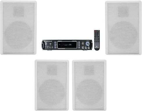 Rockville RockSlim Bundle: (4) White 5.25 in 240W Peak / 80W RMS Per Pair Wall Mount Slim Home Theater Speakers, RPA60BT V2 1000W 2-Channel Bluetooth USB Karaoke DJ Amplifier Mixer, 5-Items in Saudi Arabia