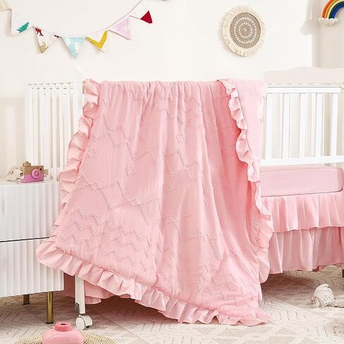 3-Piece Tufted Ruffle Crib Bedding Set for Girls - Ultra Soft Baby Bedding Set Includes Boho Crib Comforter, Sheet & Skirt (Light Pink) in Saudi Arabia